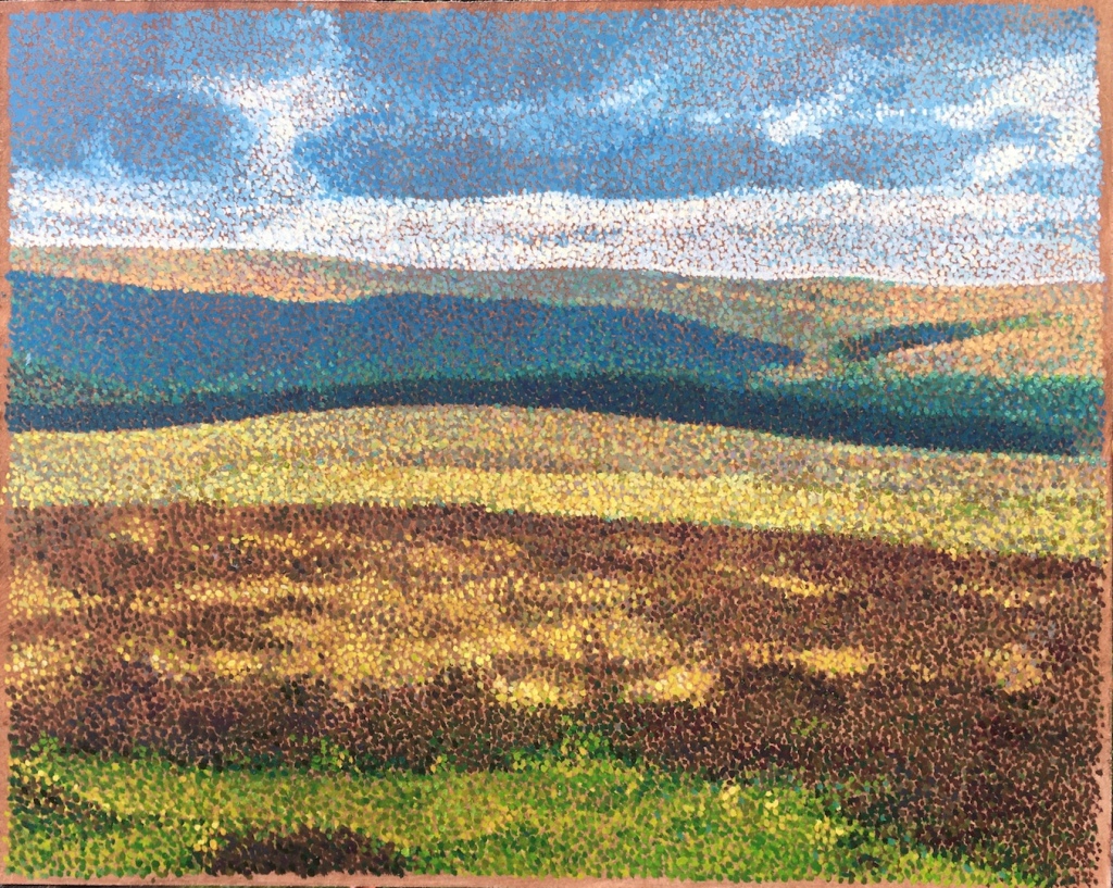pointillist oil painting of landscape in Devon England, showing moorland and Dartmoor in changing light