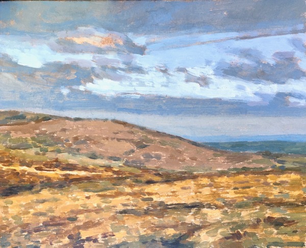 New year skies is the title of a landscape painting by Matt Harvey, contemporary british landscape painter working in Devon and inspired by the Dartmoor landscape